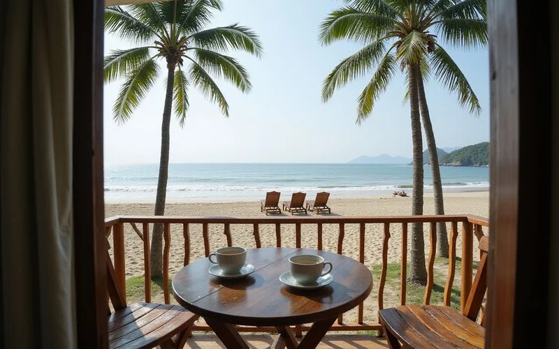 A homestay balcony looking directly out over a quiet beach in Kedah at sunset, with two lounge chairs and a small table set up
