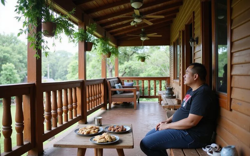 A guest sitting on the verandah of a traditional Kedah homestay, chatting with the host family over tea