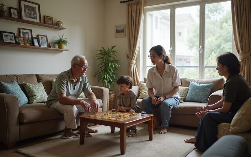 Three generations of a family sitting together in the common living area of a spacious Kedah homestay