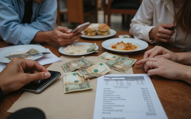 A group of friends sitting around a table splitting a homestay bill using a phone calculator